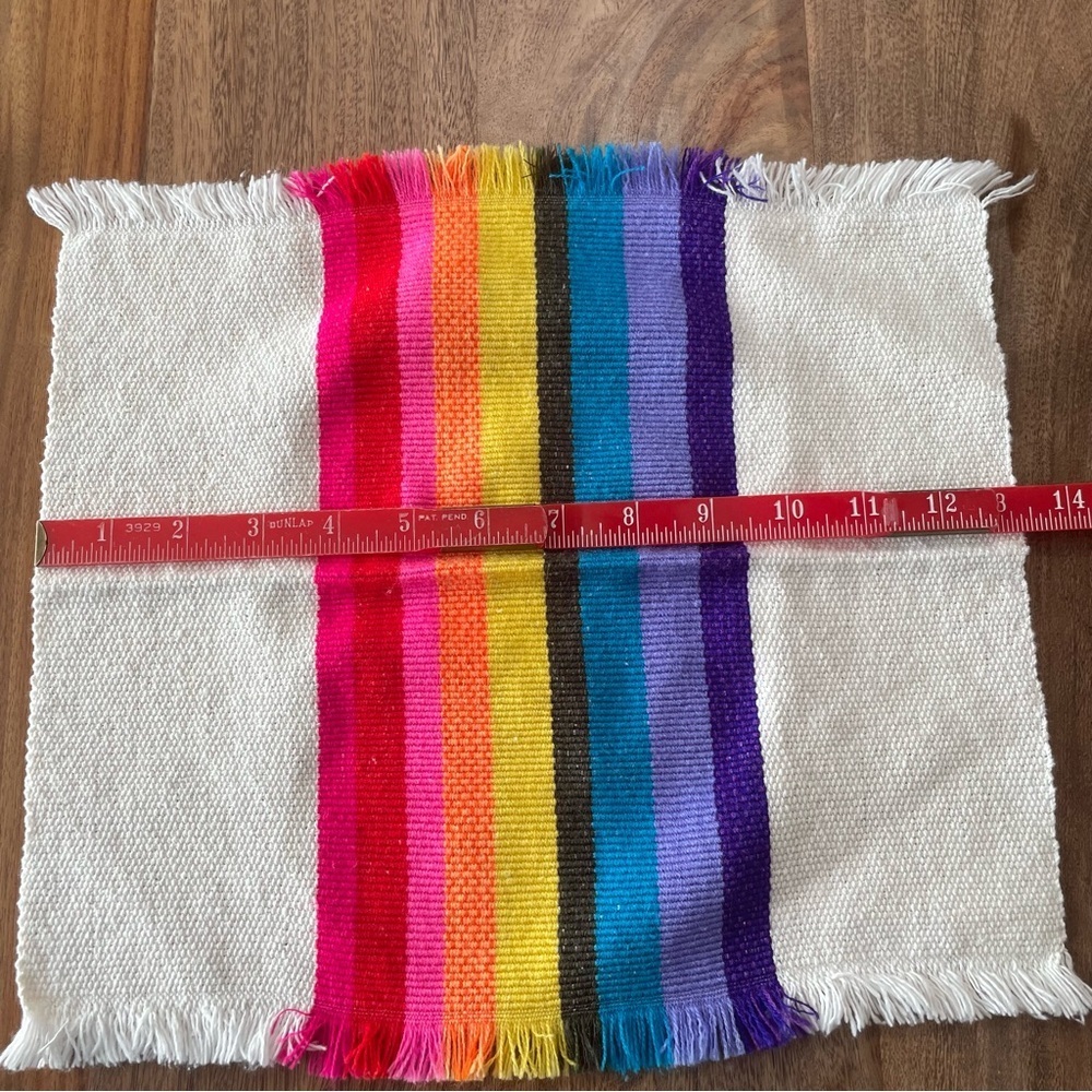 Striped Rainbow Fringe Edge Placemat Square Corners Set of 4 Picnic Retro Bright - Picture 10 of 13